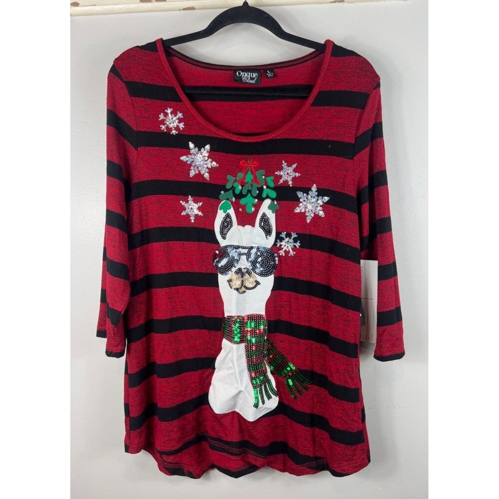 Onque Casual Women’s Christmas Pullover Top Sequin Lama Red Black Stripe Large